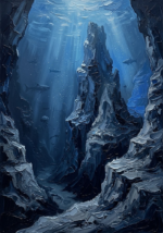 Silver and cobalt underwater art prints featuring a dramatic deep sea canyon with towering rock formations for elegant interiors