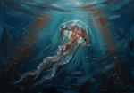 Prussian and rust jellyfish wall art featuring a glowing jellyfish beneath deep ocean waters for elegant interiors