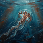 Prussian and rust jellyfish wall art featuring a glowing jellyfish beneath deep ocean waters for elegant interiors