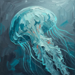 Turquoise and coral jellyfish art print featuring a luminous translucent jellyfish with flowing tentacles for elegant interiors
