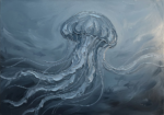 Dusty blue jelly fish canvas featuring a graceful jellyfish with flowing tentacles beneath a tranquil underwater haze for elegant interiors