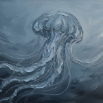 Dusty blue jelly fish canvas featuring a graceful jellyfish with flowing tentacles beneath a tranquil underwater haze for elegant interiors