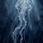 Silver and cobalt jellyfish canvas art featuring a luminous jellyfish with flowing tentacles in a deep ocean setting for elegant interiors