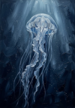 Silver and cobalt jellyfish canvas art featuring a luminous jellyfish with flowing tentacles in a deep ocean setting for elegant interiors
