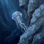 Silver and cobalt jellyfish canvas art featuring a solitary jellyfish beside a textured underwater rock wall for elegant interiors