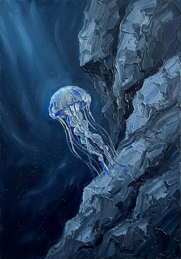 Azure Phantom Jellyfish Canvas Art Silver & Cobalt Art Print
