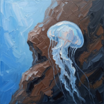 Powder blue and cocoa jellyfish framed art featuring a graceful jellyfish beside a textured underwater rock formation for elegant interiors