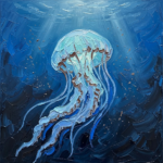 Powder blue and cocoa jellyfish framed art featuring a luminous jellyfish beneath the ocean surface for elegant interiors