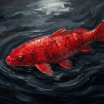 Crimson Noir koi fish wall art featuring a majestic crimson koi swimming through dark flowing water for elegant interiors