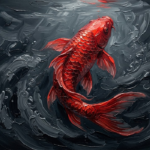 Crimson Noir koi fish wall art featuring a powerful crimson koi rising through dramatic flowing water for elegant interiors