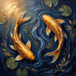 Ochre and navy feng shui koi fish painting featuring two graceful koi circling flowing water for elegant interiors