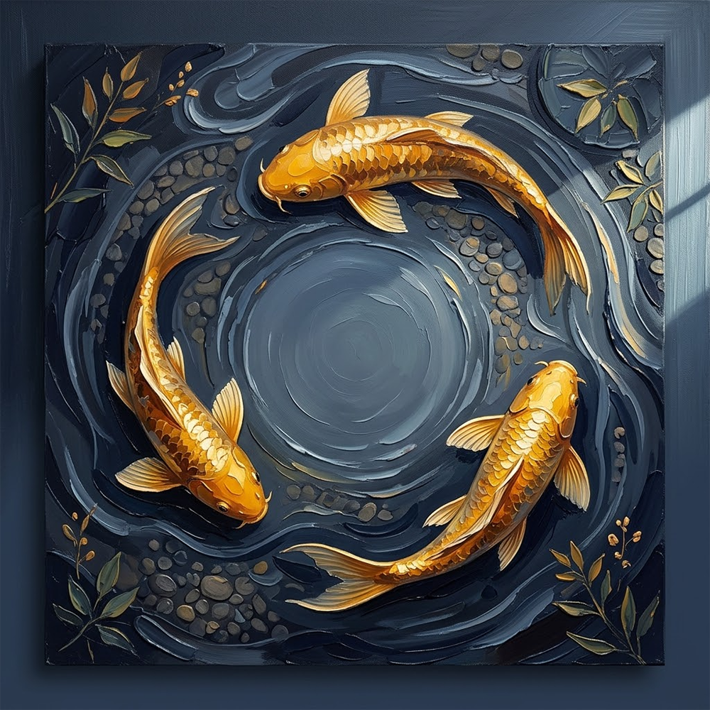 Azure Balance Feng Shui Koi Fish Painting Ochre & Navy Art Print