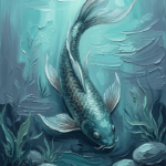 Sea glass modern koi fish canvas painting featuring a majestic koi in a tranquil underwater garden for elegant interiors