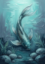 Sea glass modern koi fish canvas painting featuring a majestic koi in a tranquil underwater garden for elegant interiors