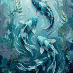 Sea glass modern koi fish canvas painting featuring three graceful koi in a flowing underwater composition for elegant interiors