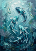 Sea glass modern koi fish canvas painting featuring three graceful koi in a flowing underwater composition for elegant interiors
