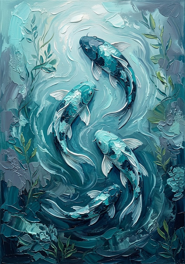 Emerald Passage Koi Fish Canvas Painting Sea Glass Modern Art Print