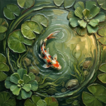 Moss and sage koi pond wall art featuring a graceful koi surrounded by lily pads and tranquil garden waters for elegant interiors