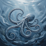 Dusty Blue Gallery large octopus wall art featuring a spiraling octopus in open ocean currents with silver-blue tones