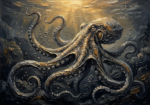 Charcoal & Gold framed octopus art featuring a majestic octopus with golden highlights in a dark ocean setting
