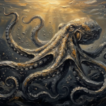Charcoal & Gold framed octopus art featuring a majestic octopus with golden highlights in a dark ocean setting