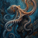 Prussian & Rust octopus canvas painting featuring a coiled octopus around an underwater rock with amber highlights