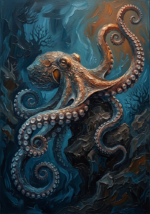 Prussian & Rust octopus canvas painting featuring a coiled octopus around an underwater rock with amber highlights