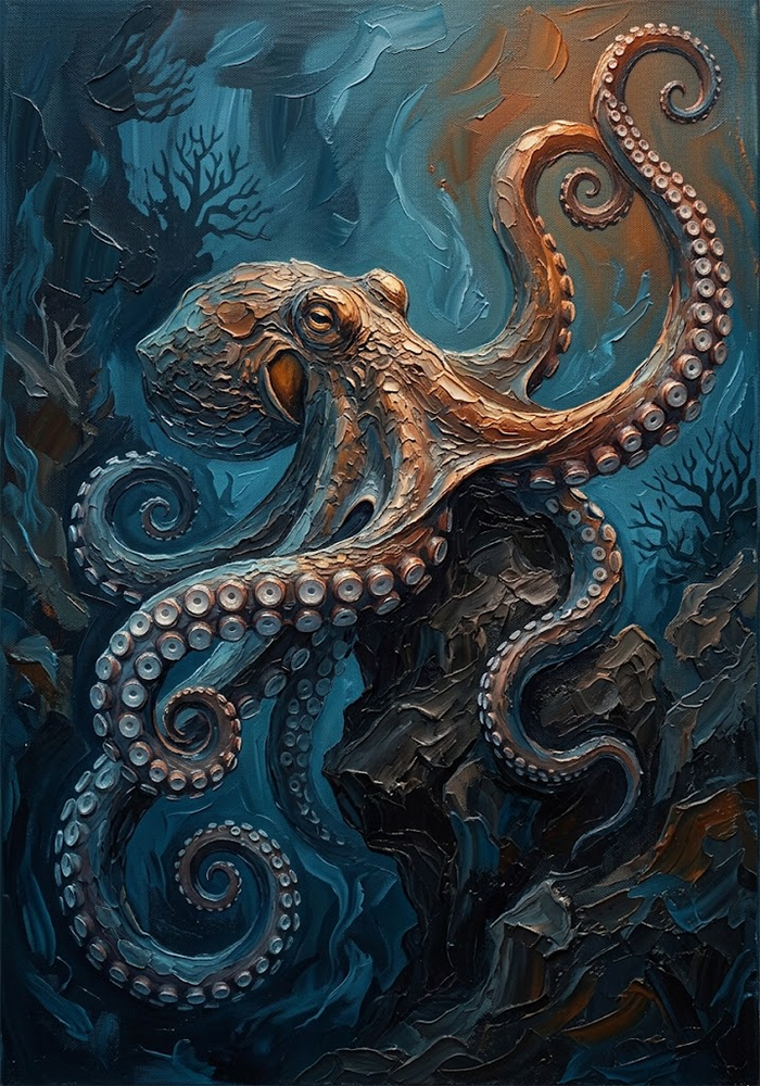 Abyss Ember Octopus Canvas Painting Prussian & Rust Art Print