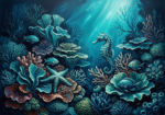 Peacock Editorial sea creatures print featuring a coral reef with seahorse, starfish, and reef fish in deep ocean blue and turquoise tones for elegant interiors