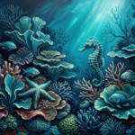 Peacock Editorial sea creatures print featuring a coral reef with seahorse, starfish, and reef fish in deep ocean blue and turquoise tones for elegant interiors