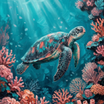 Turquoise & Coral sea life wall art featuring a sea turtle among coral formations with vibrant turquoise and coral tones for elegant interiors