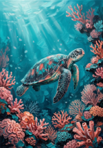 Turquoise & Coral sea life wall art featuring a sea turtle among coral formations with vibrant turquoise and coral tones for elegant interiors
