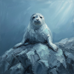 Dusty Blue Gallery marine life wall art featuring a polar seal on an underwater rock formation with muted blue and slate tones for elegant interiors