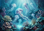 Glacier & Plum ocean life wall art featuring glowing jellyfish above coral reef formations with cool blue and violet tones for elegant interiors