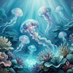 Glacier & Plum ocean life wall art featuring glowing jellyfish above coral reef formations with cool blue and violet tones for elegant interiors