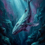 Deep Peacock & Plum sea life prints featuring a majestic whale in a deep ocean canyon with blue and violet tones for elegant interiors