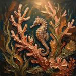 Clay and moss sea life framed art featuring a seahorse among coral branches and flowing sea plants for elegant interiors