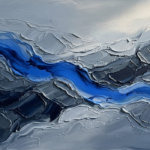 Silver and cobalt ink wash wabi sabi art print featuring flowing river-like ink forms across a textured stone landscape for elegant interiors
