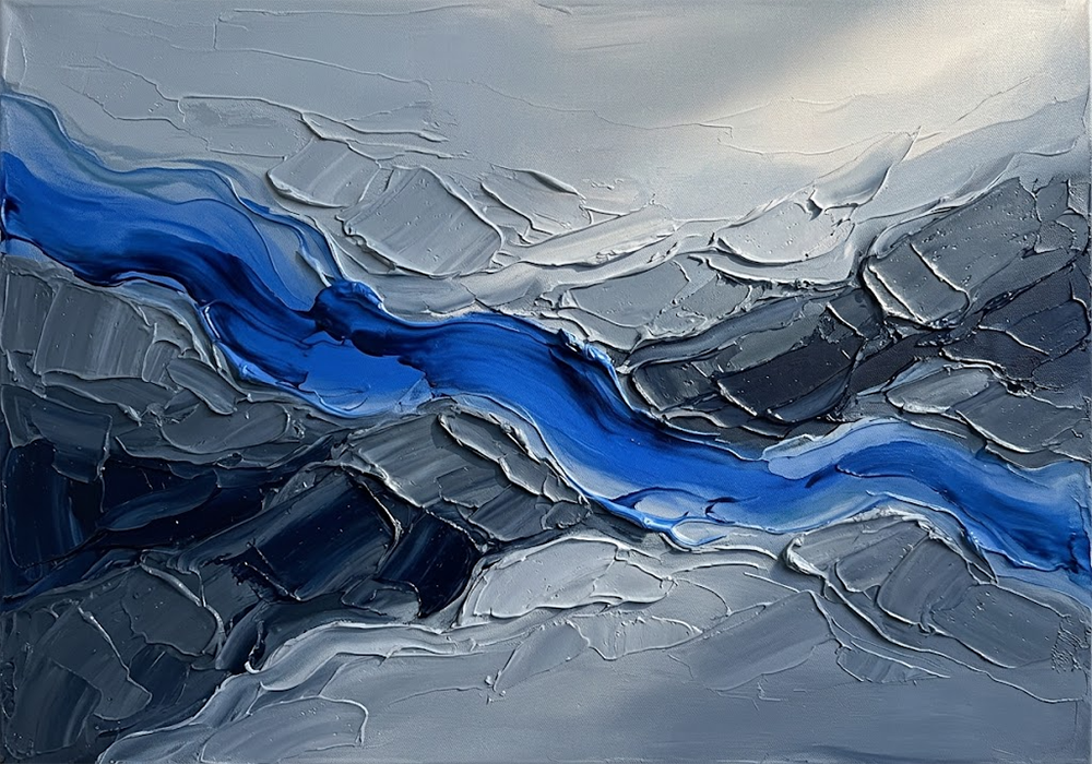 Cobalt Drift Ink Wash Wabi Sabi Art Silver & Cobalt Art Print