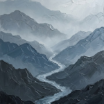 Dusty blue sumi ink wabi sabi wall art print featuring misty mountains and a flowing stream for elegant interiors