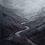 Graphite and rose minimal ink landscape print featuring layered valley silhouettes and a winding river form for elegant interiors