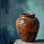 Prussian and rust wabi sabi art prints featuring a cracked ceramic vessel on stone with organic textures for elegant interiors