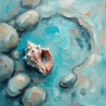 Turquoise and coral wabi sabi print featuring a seashell beside a tide pool with weathered stone textures for elegant interiors