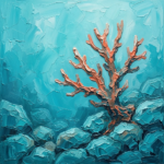 Turquoise and coral wabi sabi print featuring a weathered coral branch in an underwater stone garden for elegant interiors