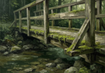 Moss and sage moss olive wabi sabi art featuring a moss-covered wooden bridge over a forest stream for elegant interiors
