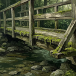 Moss and sage moss olive wabi sabi art featuring a moss-covered wooden bridge over a forest stream for elegant interiors