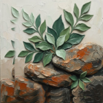 Eucalyptus moss stone botanical wall art print featuring wild leaves and layered river stones for elegant interiors