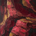 Merlot and antique gold weathered limestone abstract art featuring layered carved limestone formations for elegant contemporary interiors