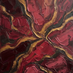 Merlot and antique gold weathered limestone abstract art print featuring flowing mineral veins for elegant interiors