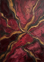 Merlot and antique gold weathered limestone abstract art print featuring flowing mineral veins for elegant interiors